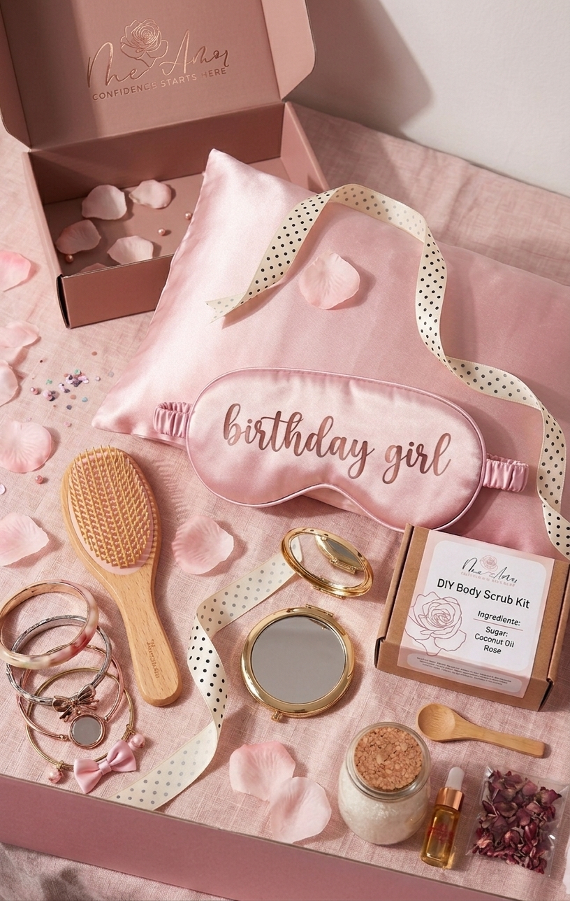 Me Amor Birthday Kit — satin sleep mask, DIY body scrub, hair brush and keepsakes