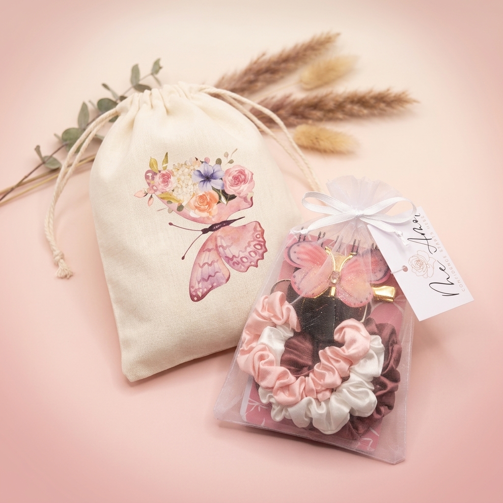 Butterfly Collection linen gift bag with Christmas Stocking Stuffer mesh pouch of satin scrunchies, butterfly clip and Me Amor rose-logo tag on a soft blush backdrop